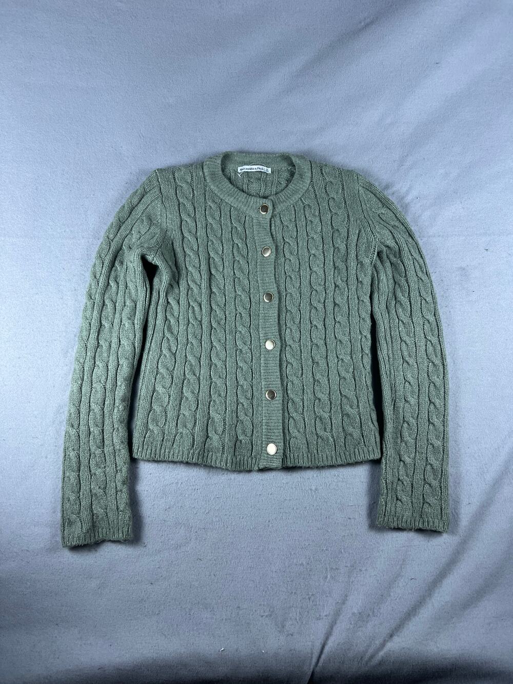 Abercrombie & Fitch Cardigan Womens XS Sage Green Gold Button Cable Knit Ribbed